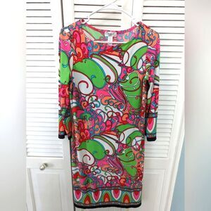 Maggy L Dress Women's sz 6 Multicolor Modern Retro Shift 70s Geometric 3/4 Slv
